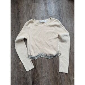 Lizette Collection Cream Cropped‎ Sweater Rhinestone Fringe Hem LC-A4839 Medium